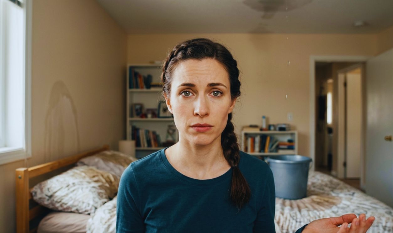 frustrated woman sitting in leaking room
