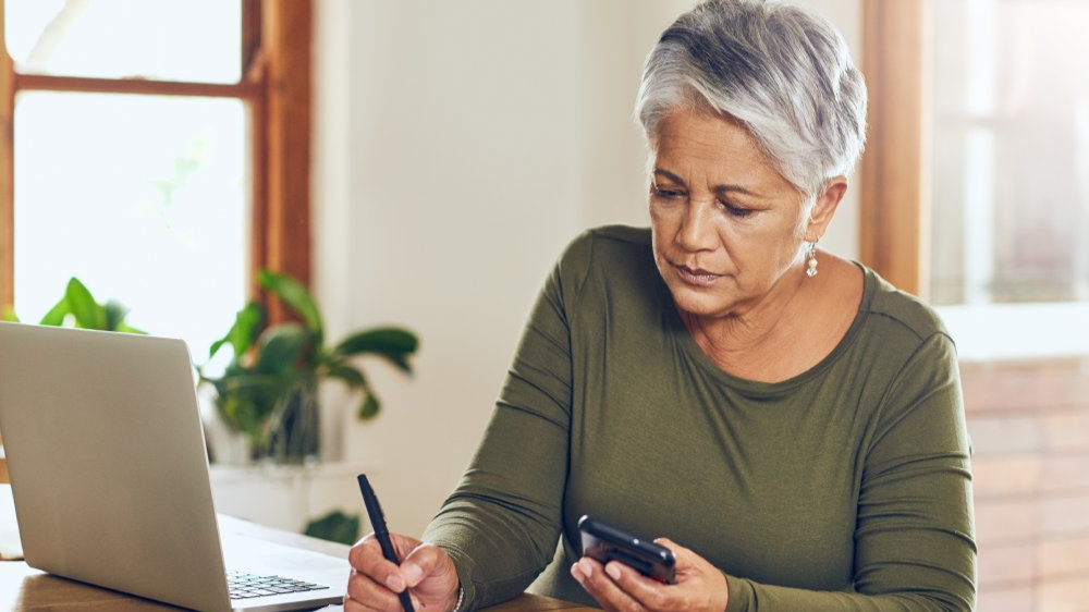 Senior woman, budget planning and health insurance checklist