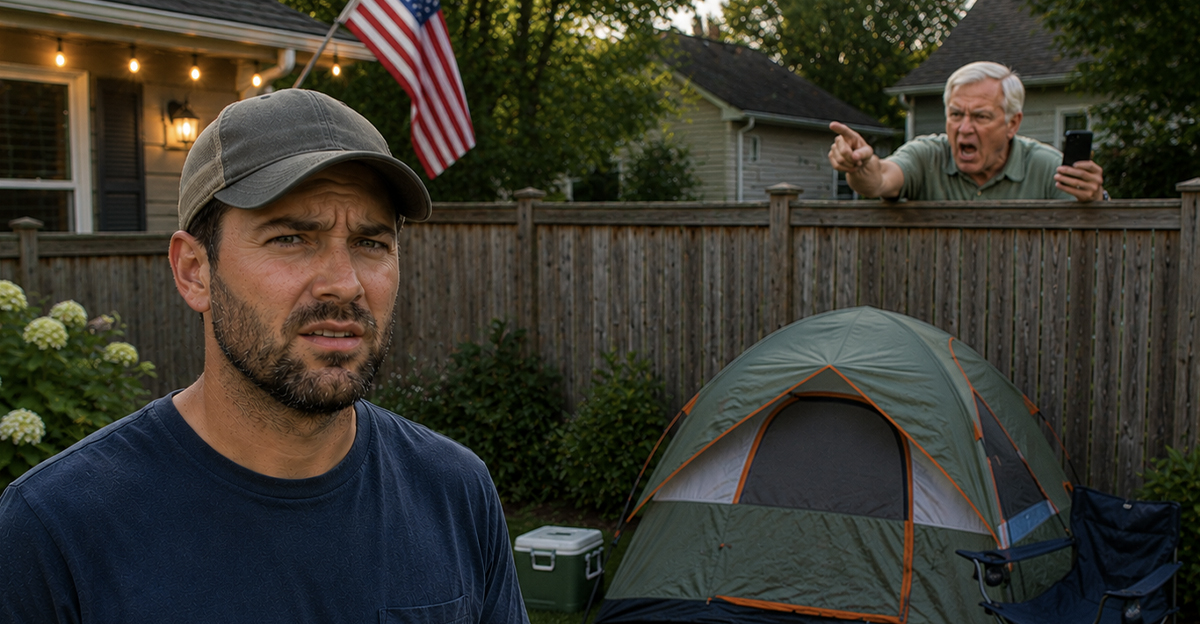 Man with a tent in his backyard and an angry neighbor over the fence.