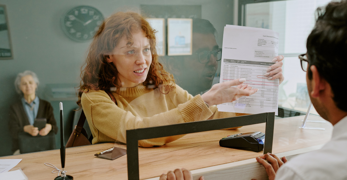 Scene showing woman discussing documents with bank employee