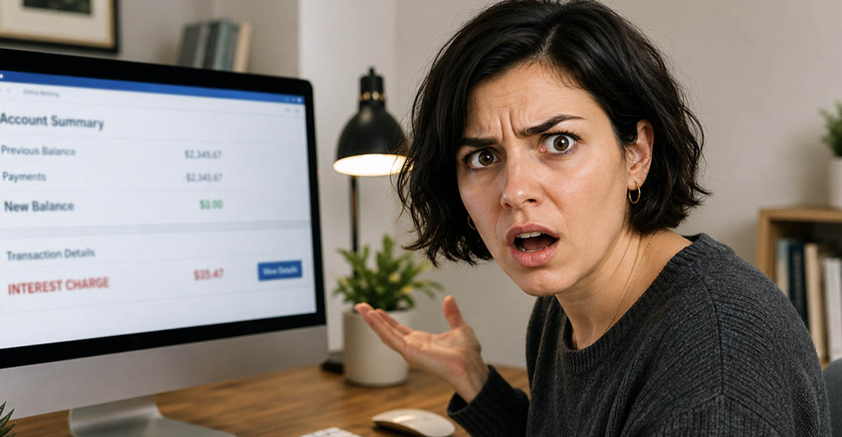 AI-generated image of a woman upset about residual interest charges.