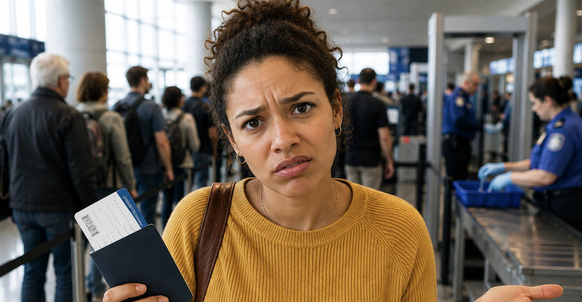 AI-generated image of a woman upset about airport security delays.