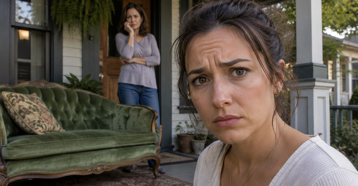 Concerned woman with a green couch on a porch behind her,