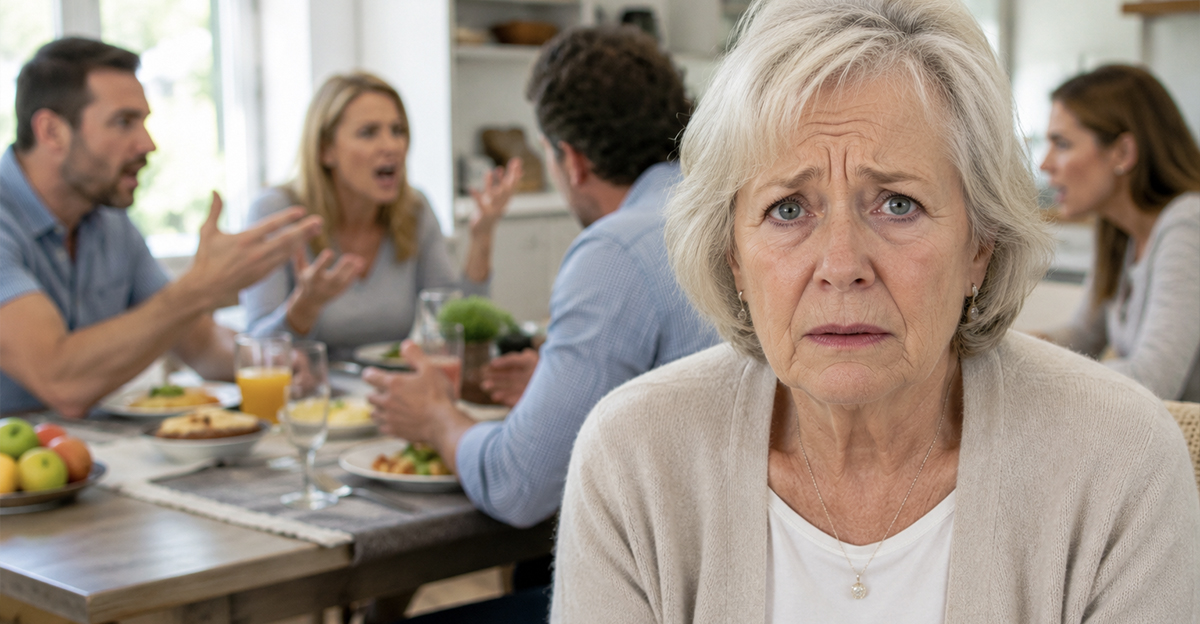 Worried woman with her fighting family in the background.