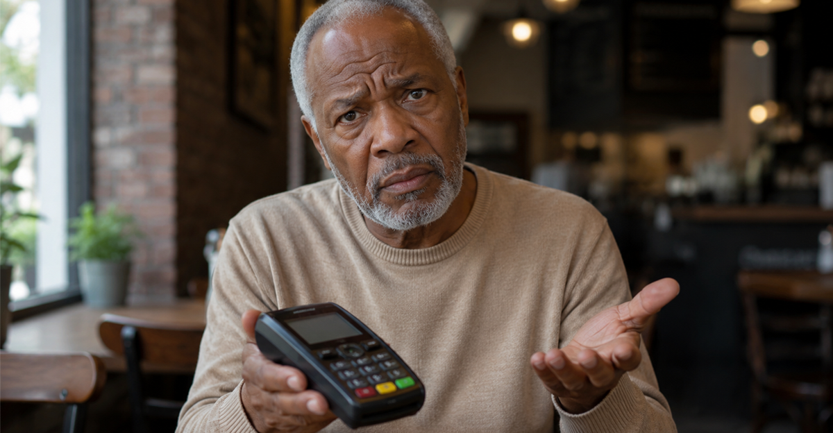 Confused man holding debit machine