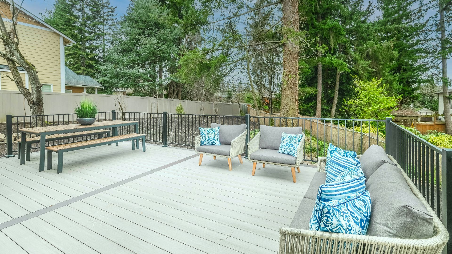 white wooden bench on wooden deck