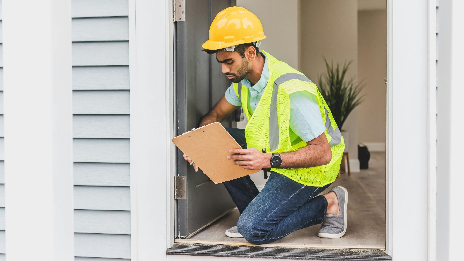 A home inspector wearing safety gear examines a house interior for safety compliance.