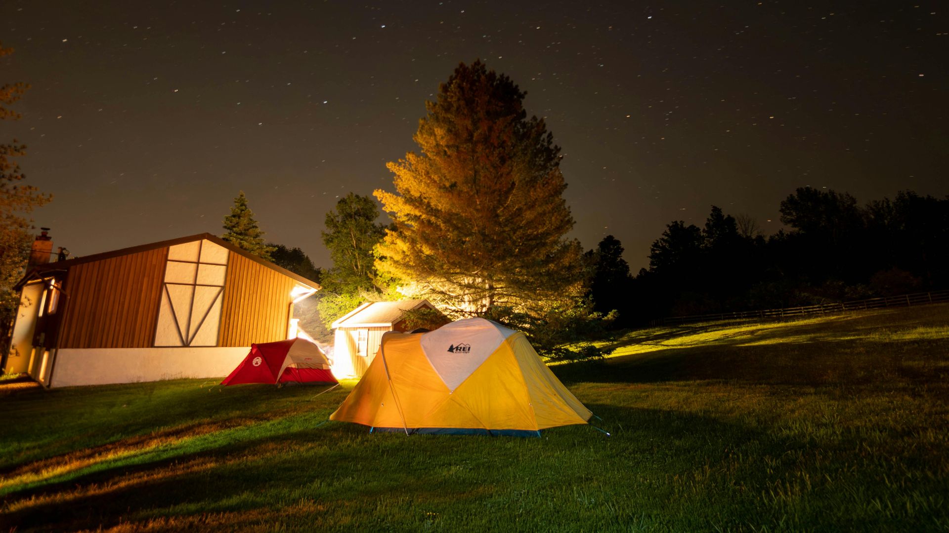 Scenic camping under stars with tents in Windham, NY countryside.