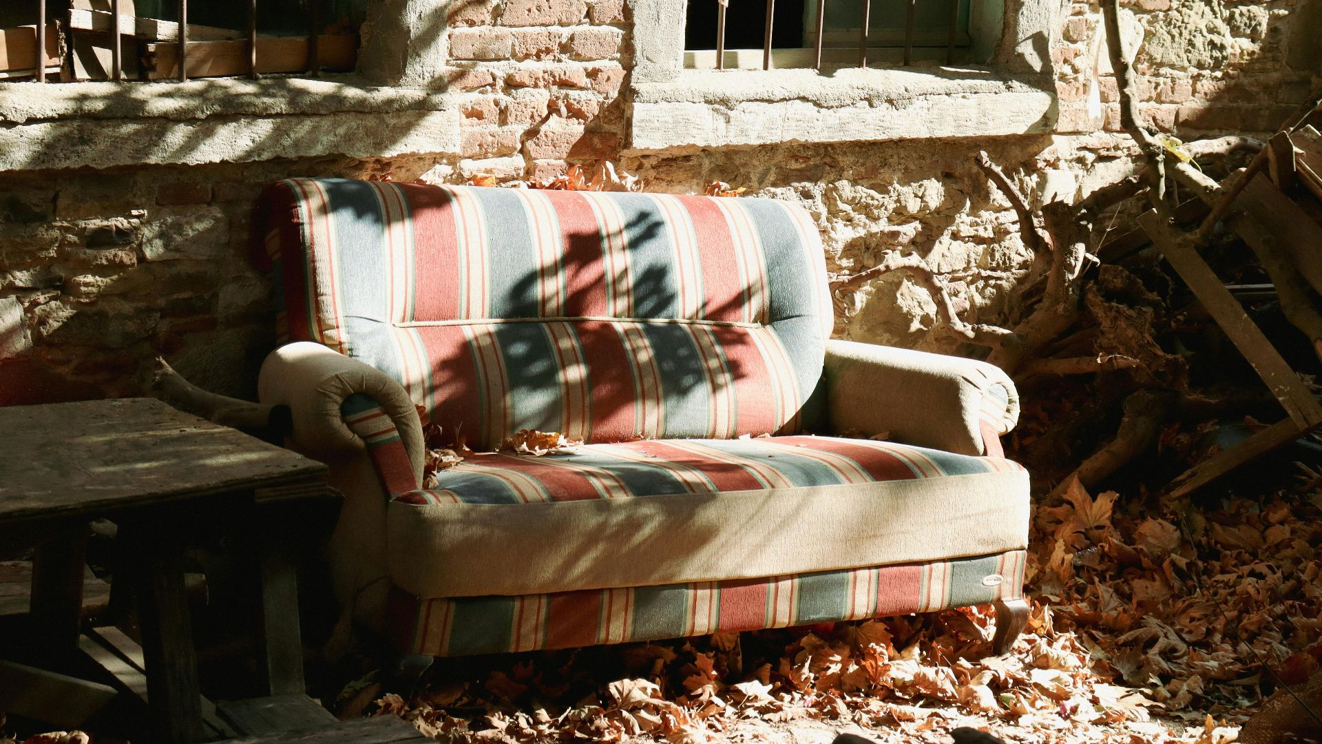 A worn, striped couch in a rustic setting, bathed in warm sunlight with autumn leaves.