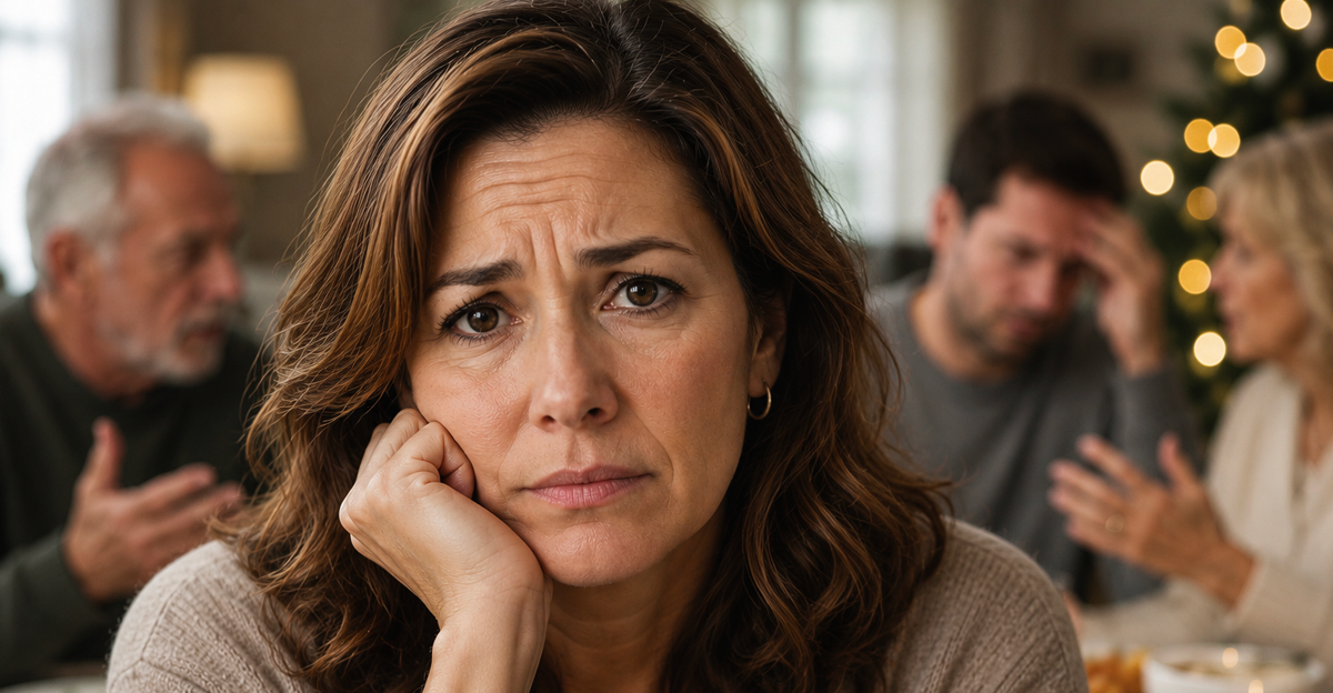 Concerned woman at tense family gathering