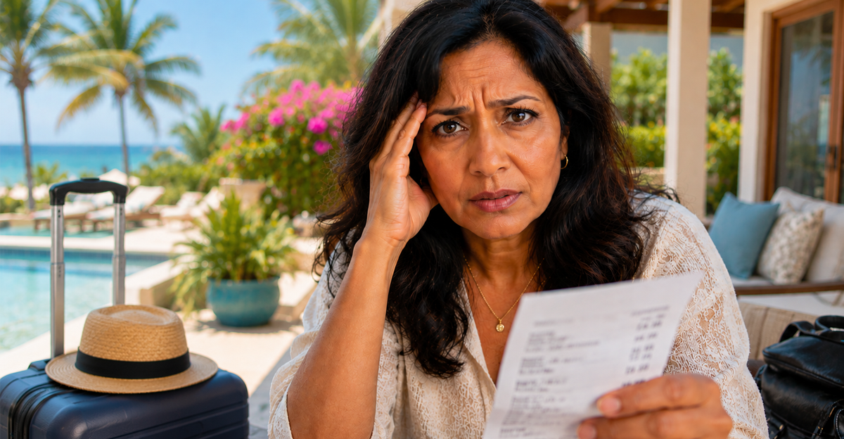 Woman holding receipt in vacation rental