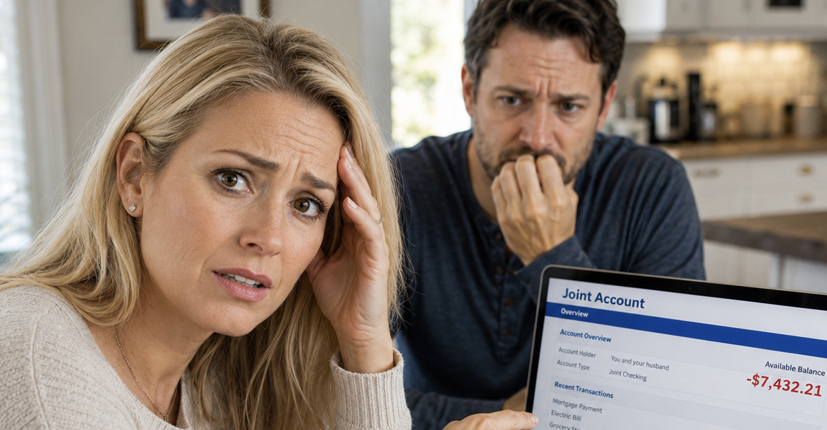 A husband and wife looking worried while reviewing their finances.