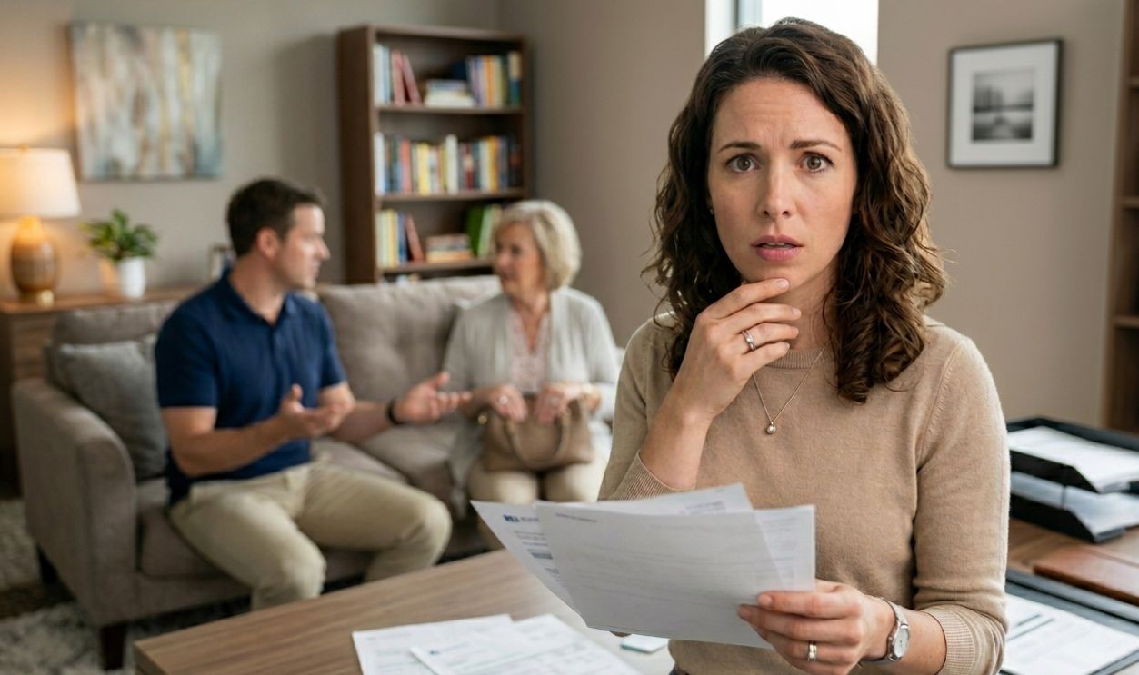 shocked woman holding a document, with her husband and mother-in-law conversing in the background