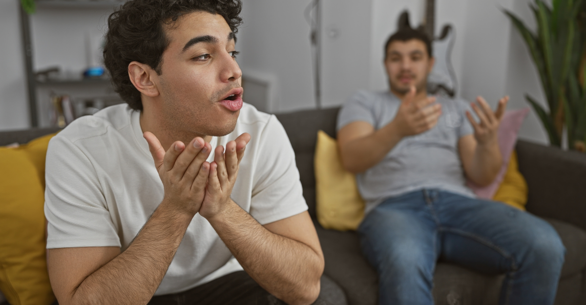 Two hispanic men having a lively discussion in a modern living room setting, expressing emotions and gestures.