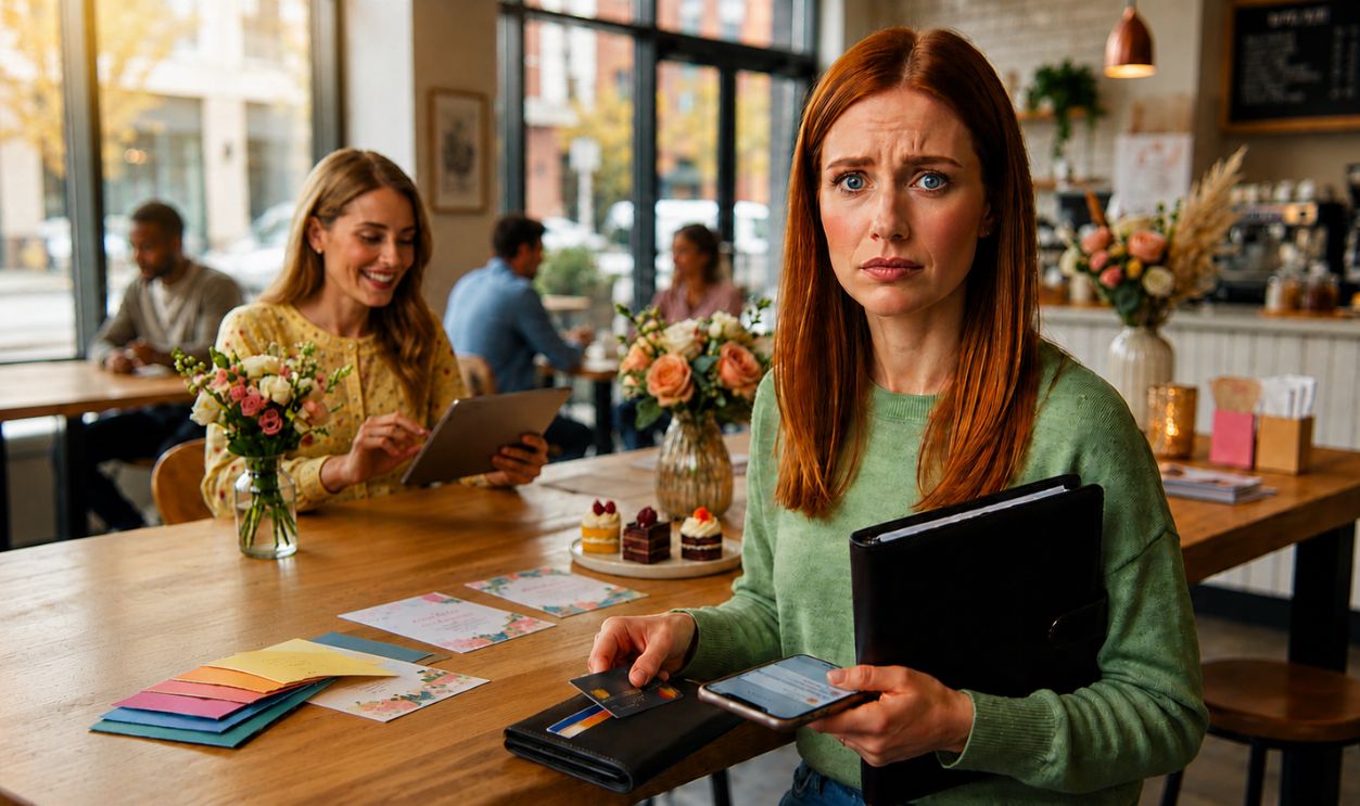 frustrated and scared woman holding credit card and phone with documents, in a cafe