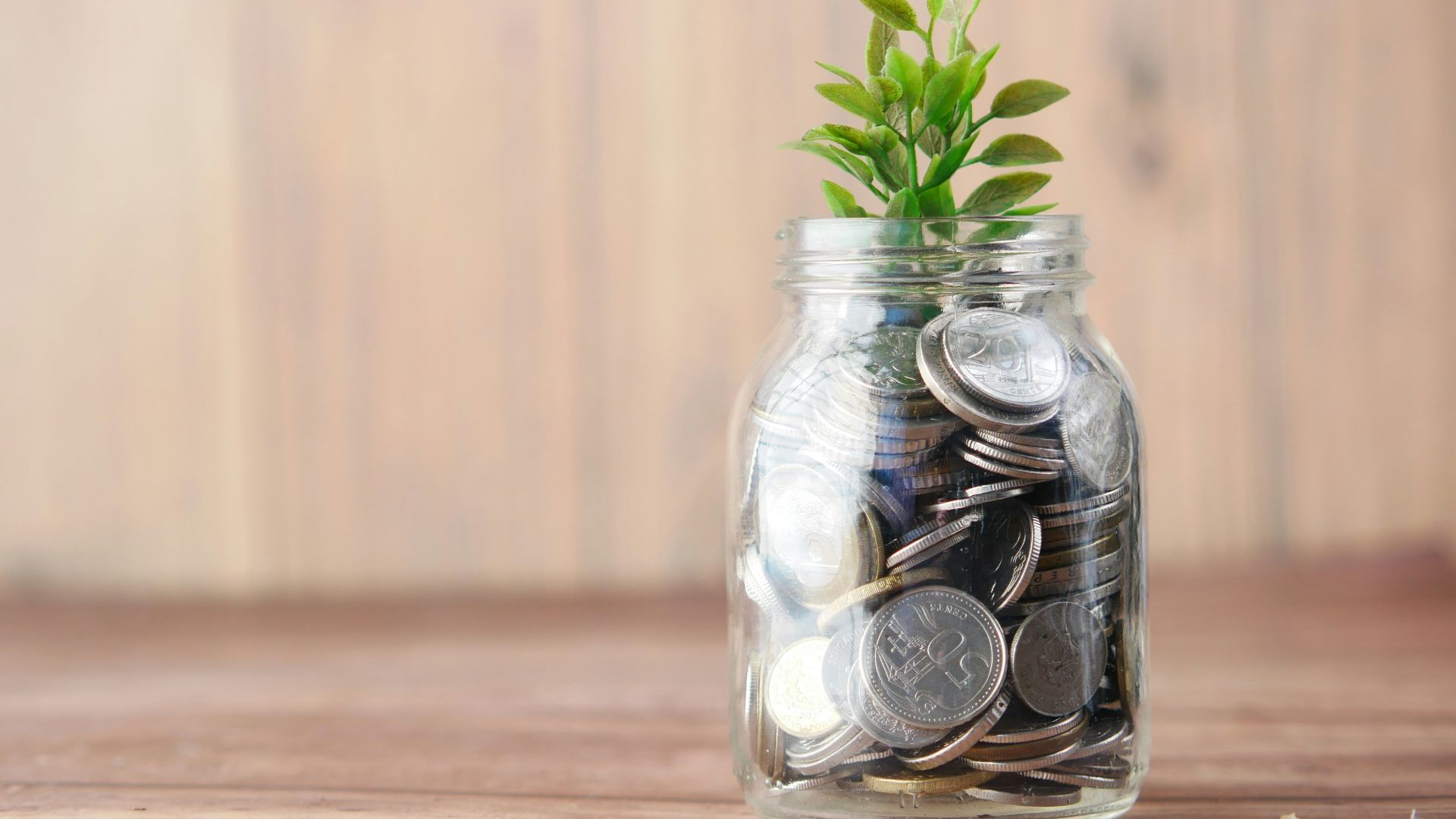 a glass jar filled with coins and a plant