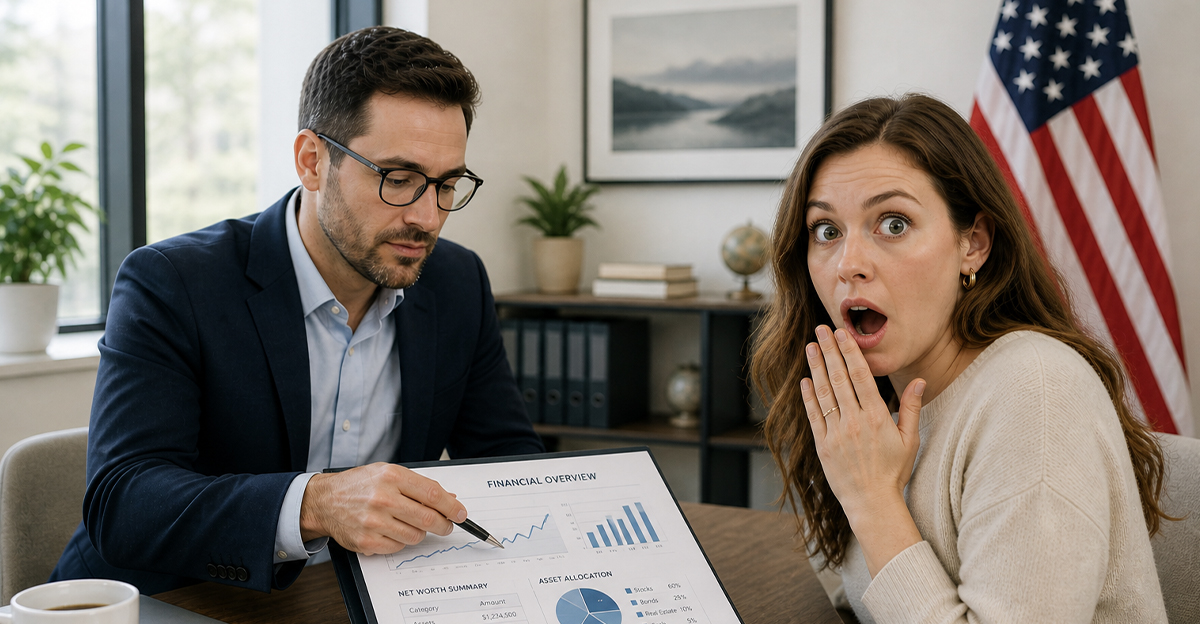 Financial advisor and a shocked client looking over documents.