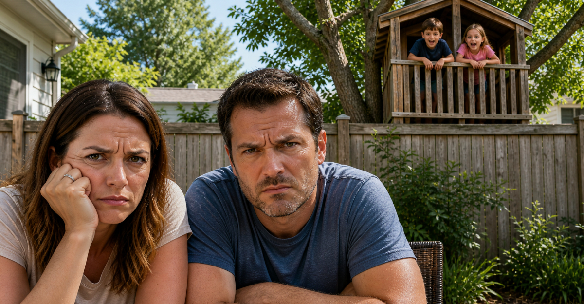 Angry couple, kids in treehouse behind them
