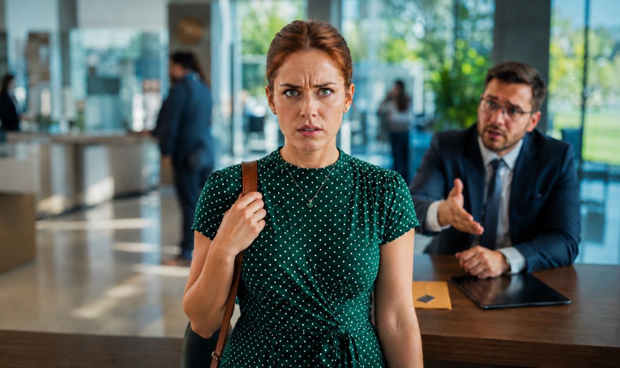  hesitant and skeptical woman in bank, with an employee in the background