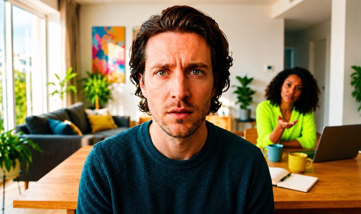 concerned and doubtful man with his partner