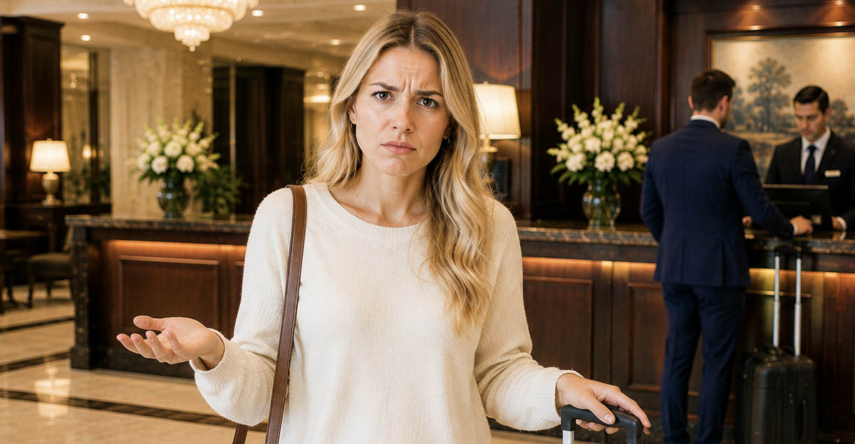 AI-generated image of a woman concerned about her hotel reservation being canceled.