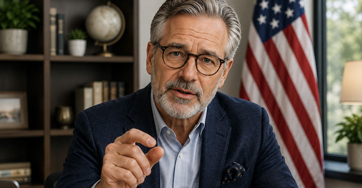 Older man giving advice with american flag in background.