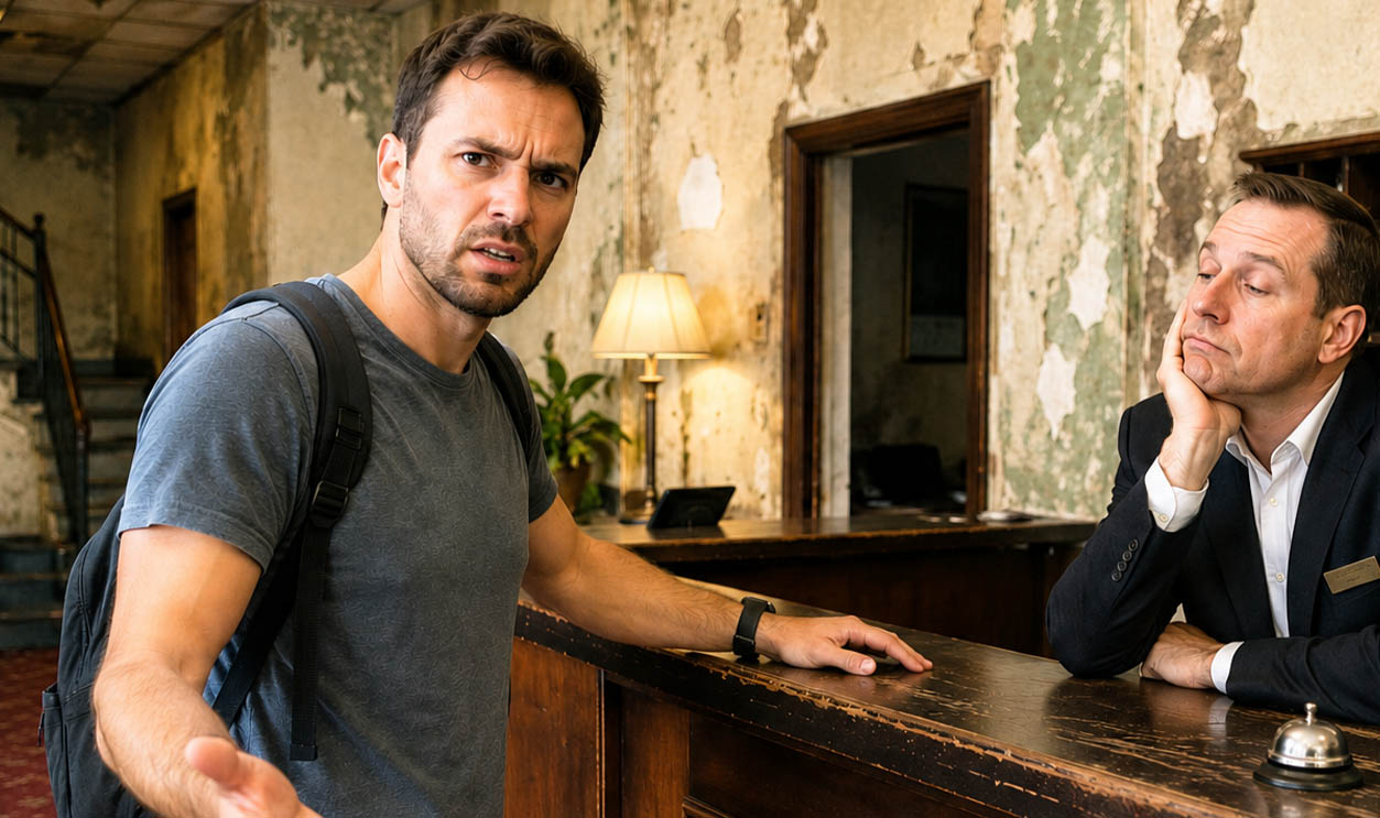 AI-generated image of a man trying to get a hotel refund.