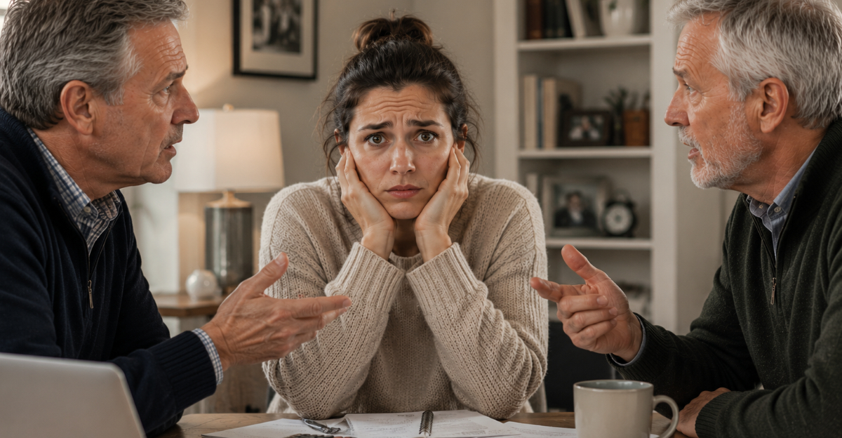Woman nervous older men arguing