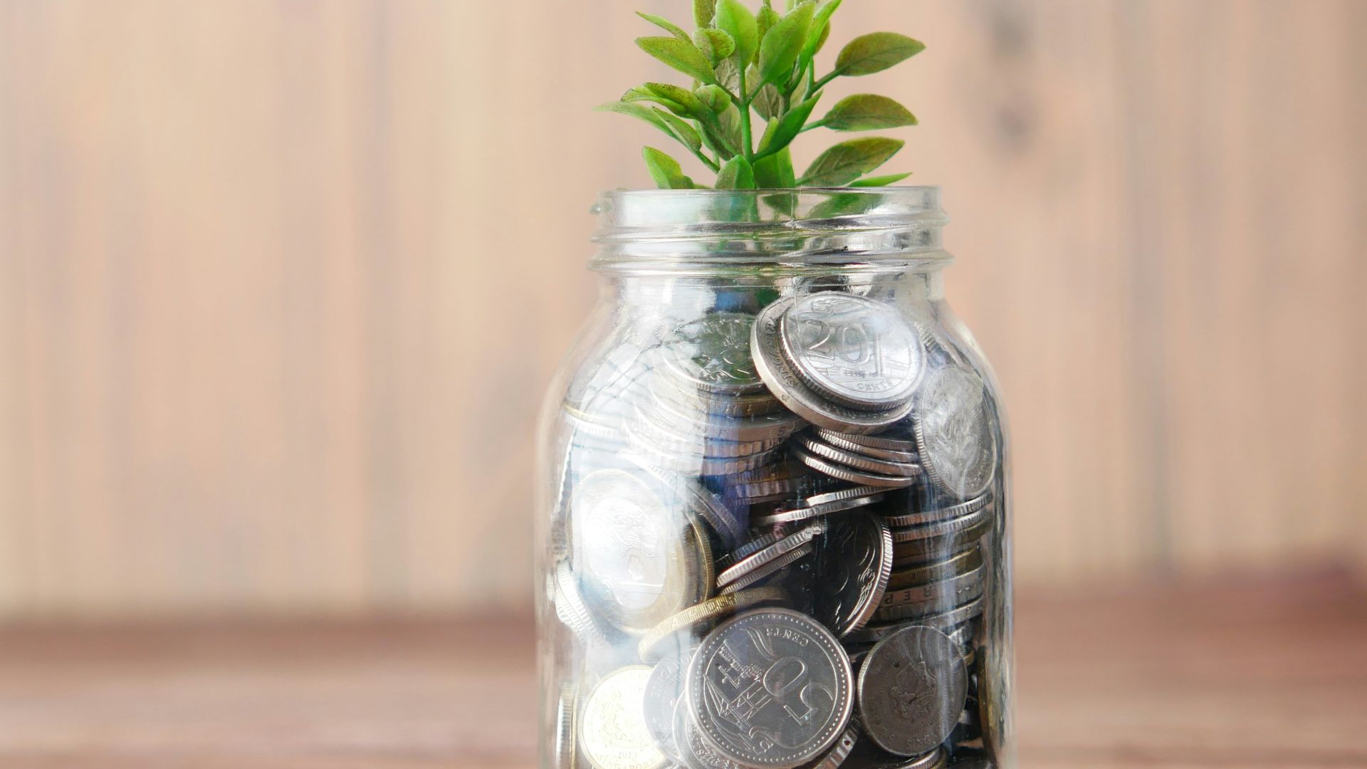a glass jar filled with coins and a plant