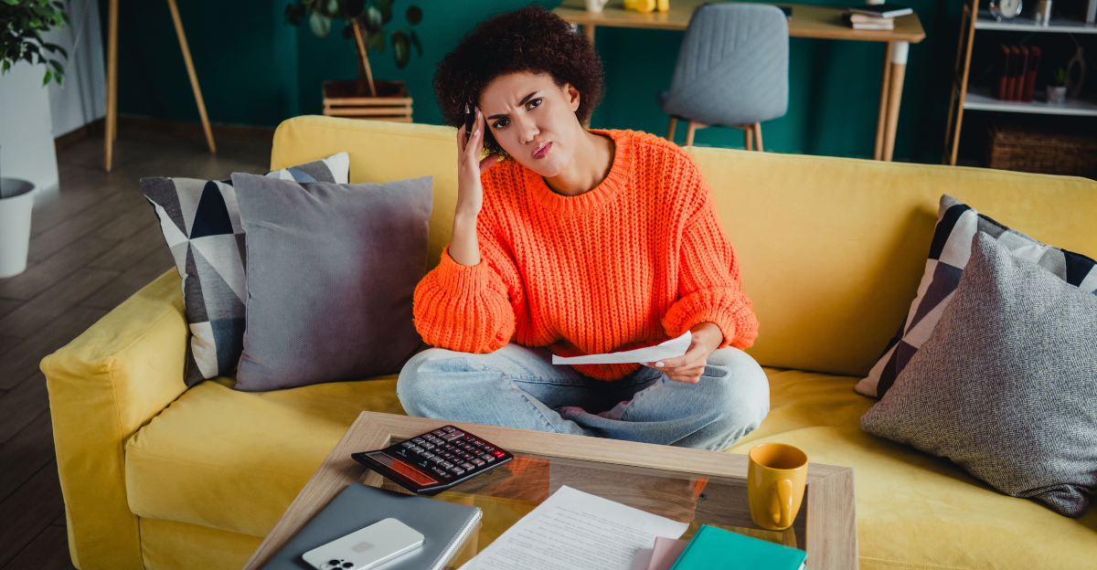 A young woman sits on a yellow sofa at home, looking frustrated while reviewing bills 