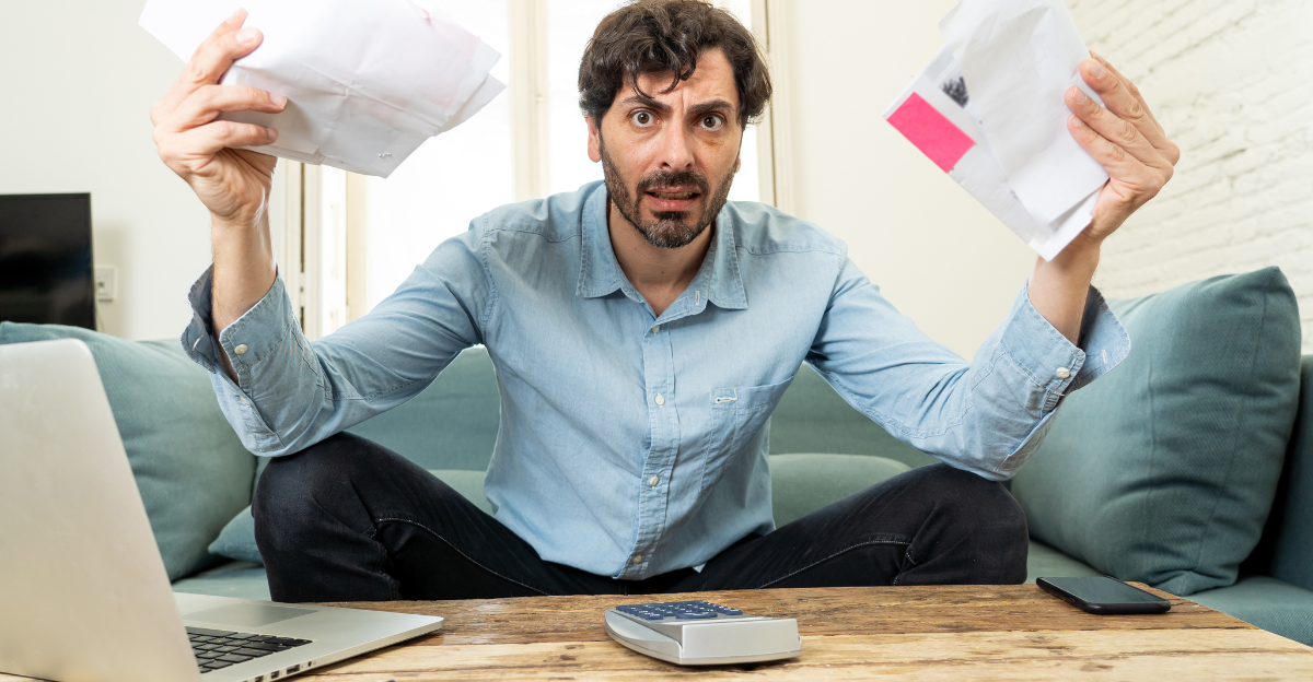 young angry and worried man working with laptop at home looking at bills and paying bills in home finance concept