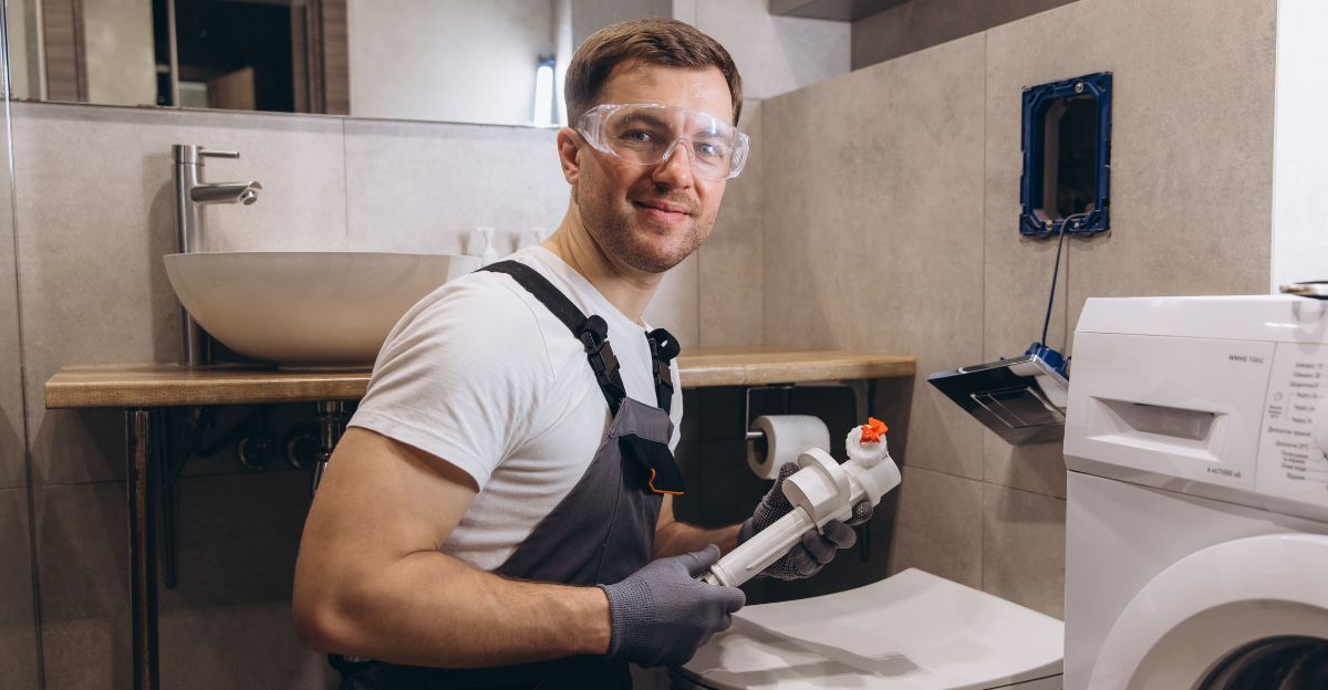 Plumber wearing safety glasses and gloves, holding a toilet fixture, working in a modern bathroom