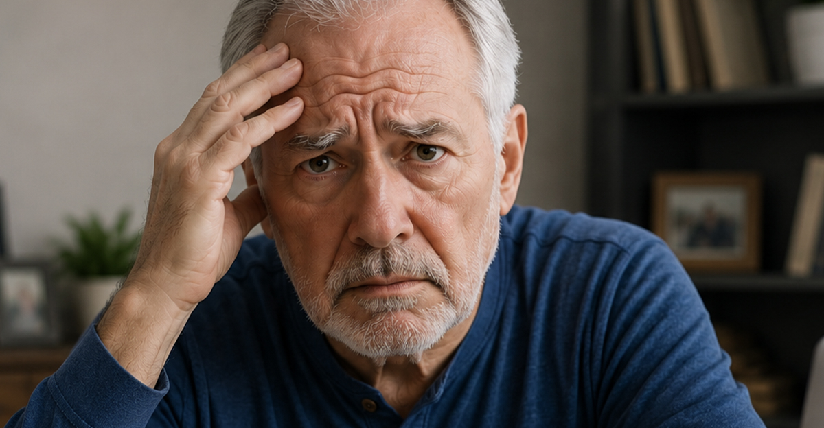 Worried older man with hand resting on head.