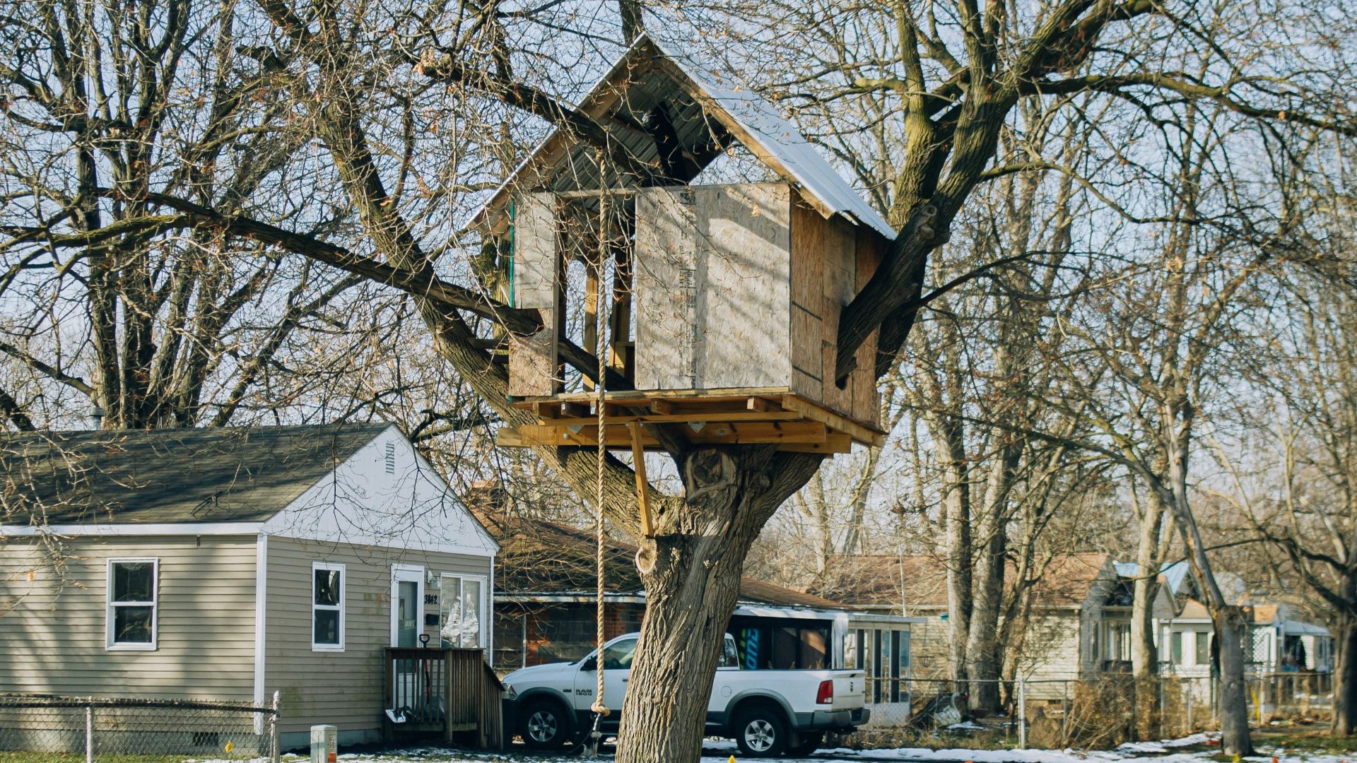 a tree house in the middle of a neighborhood
