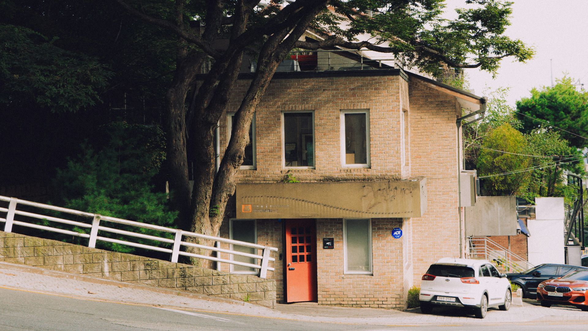 A small building nestled under a large tree.