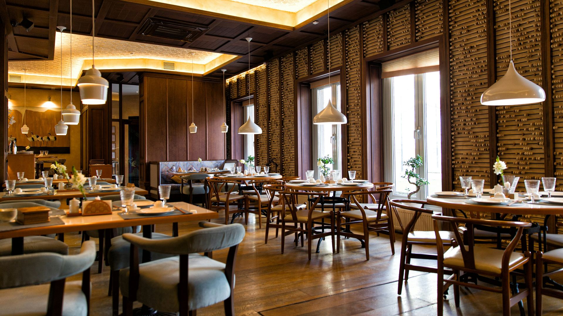 a room with tables and chairs