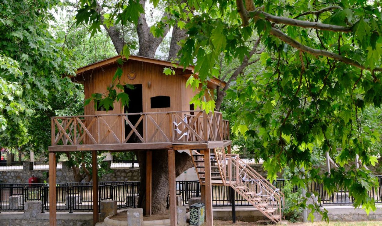Angry couple, kids in treehouse behind them