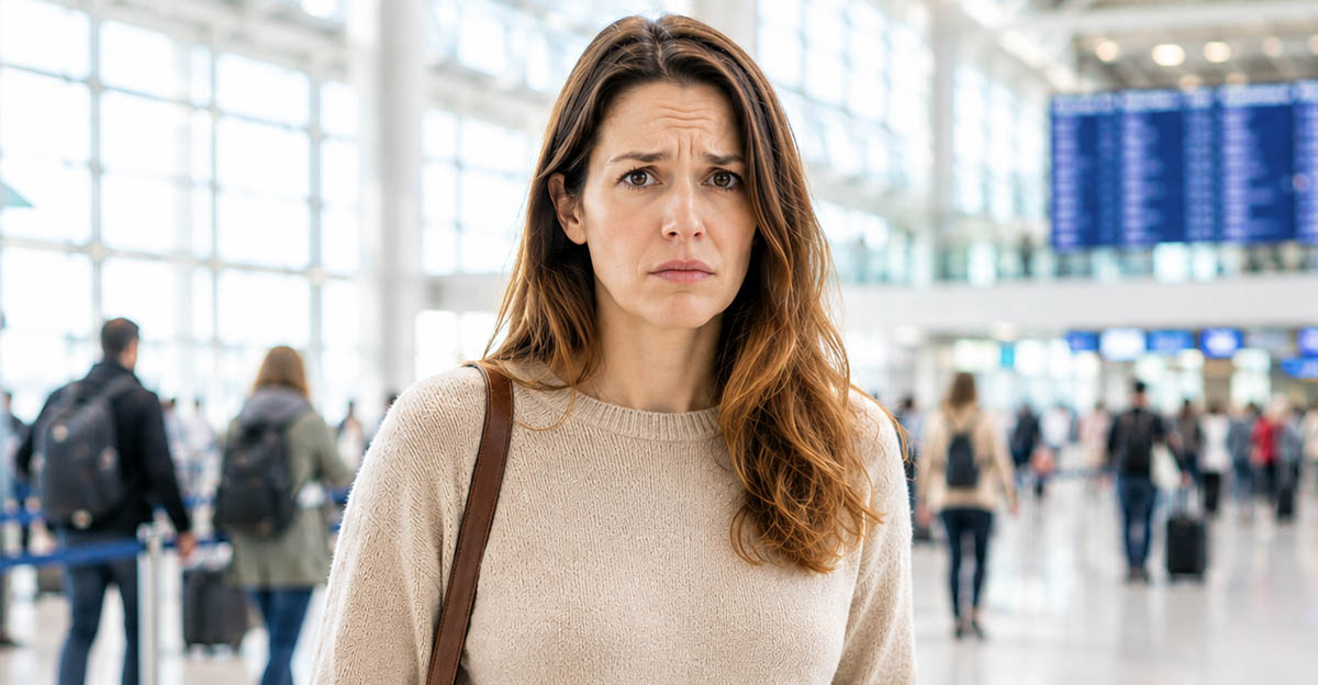 AI-generated image of a woman seeking a refund for a canceled flight.