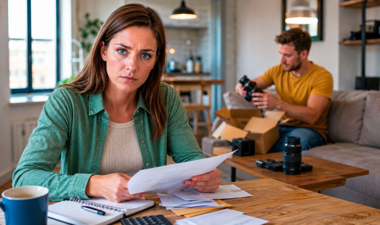 woman focused on bills and man admiring his new gear