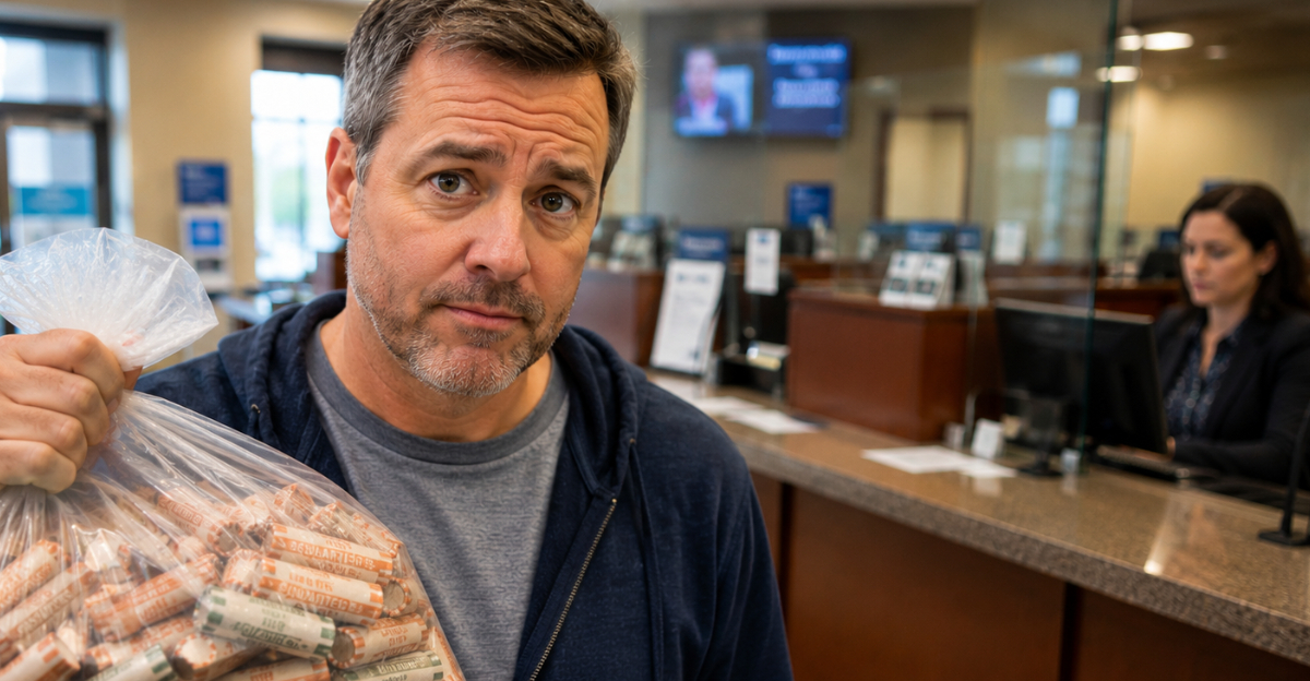 man with lots of rolled coins at bank