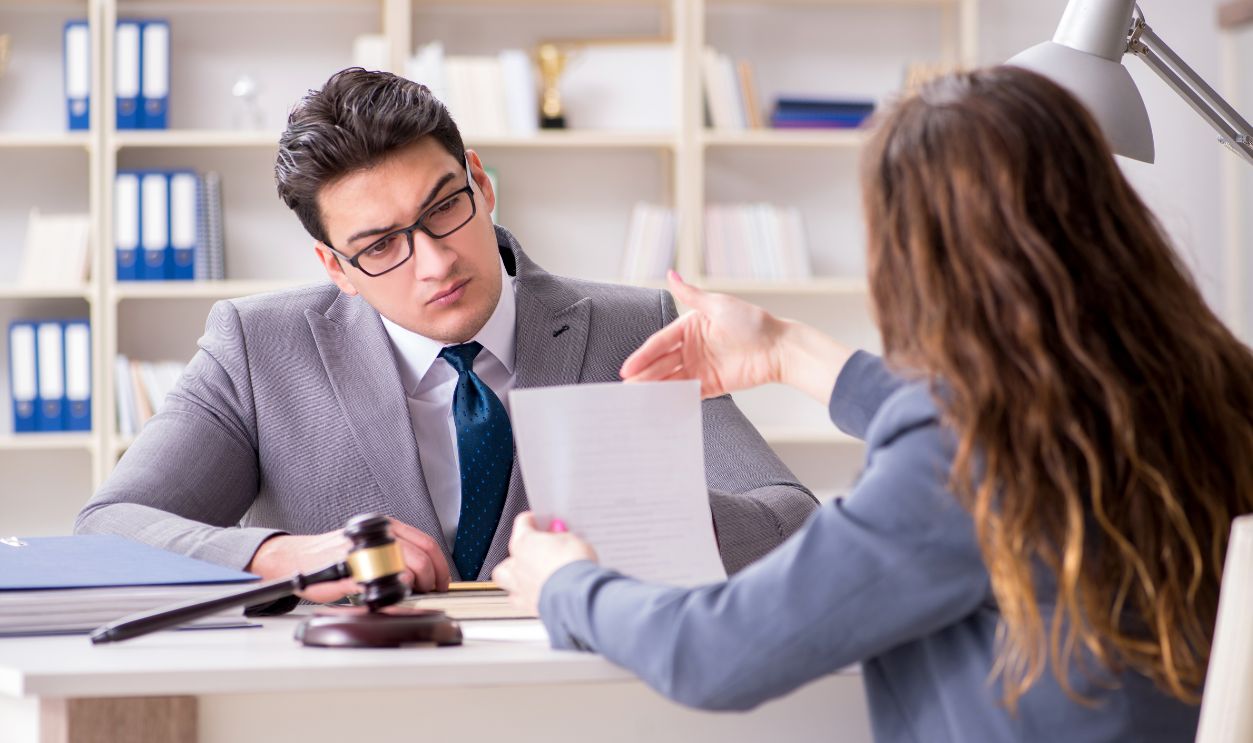 Lawyer discussing legal case with client