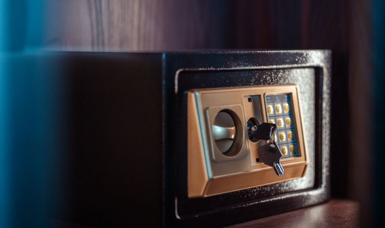 Close-up image of an electronic safe with a key in Baghdad, Iraq