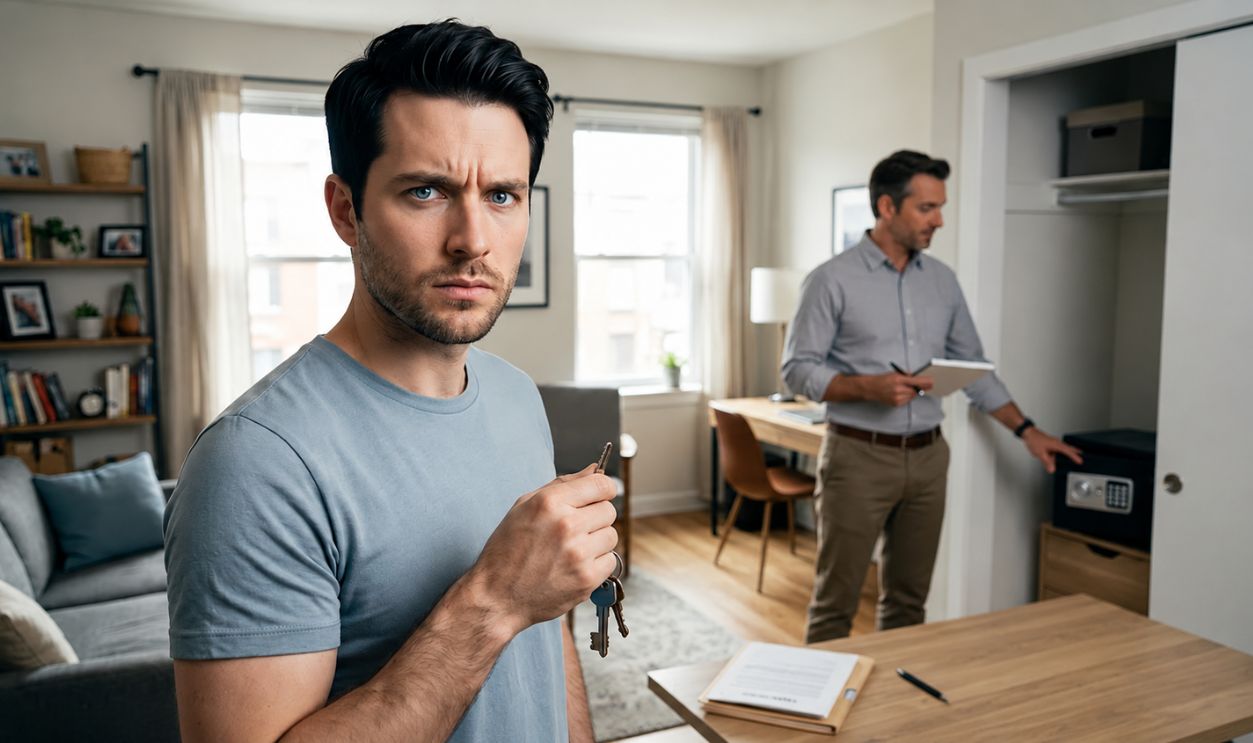 man holding keys to safe, while another man stands beside the safe