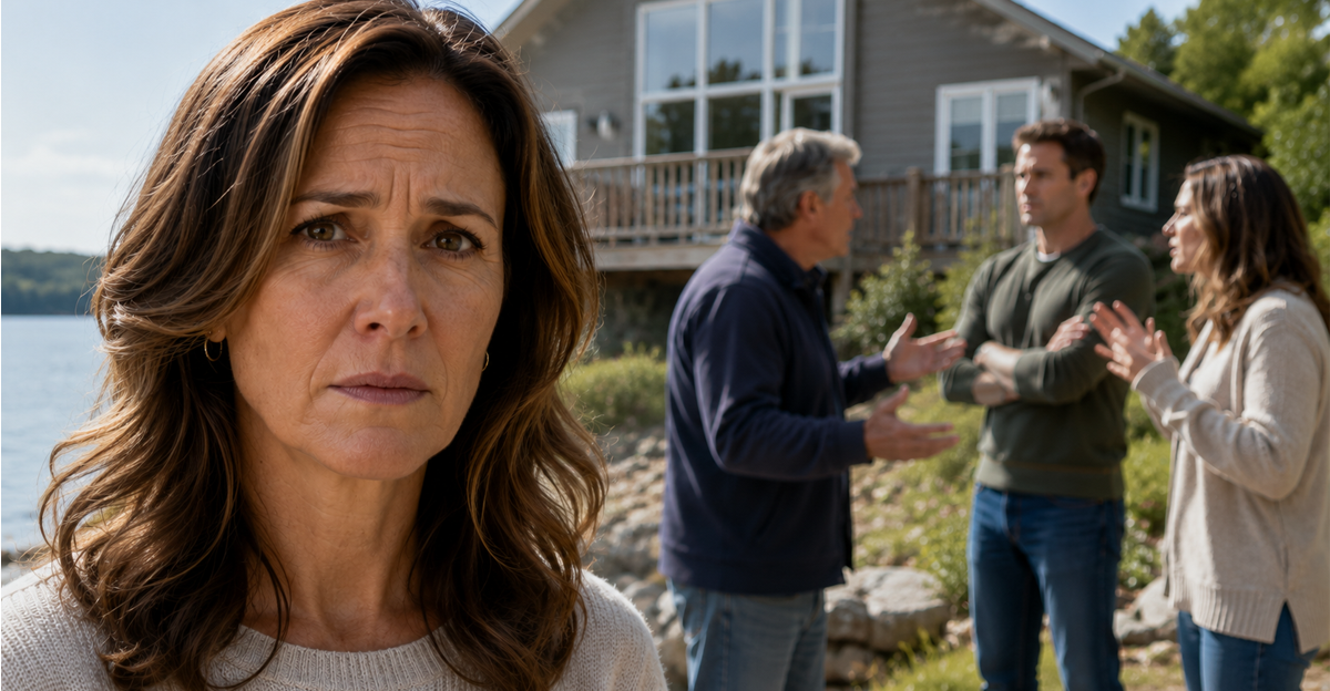 AI-generated image of woman in foreground as family members argue outside vacation home