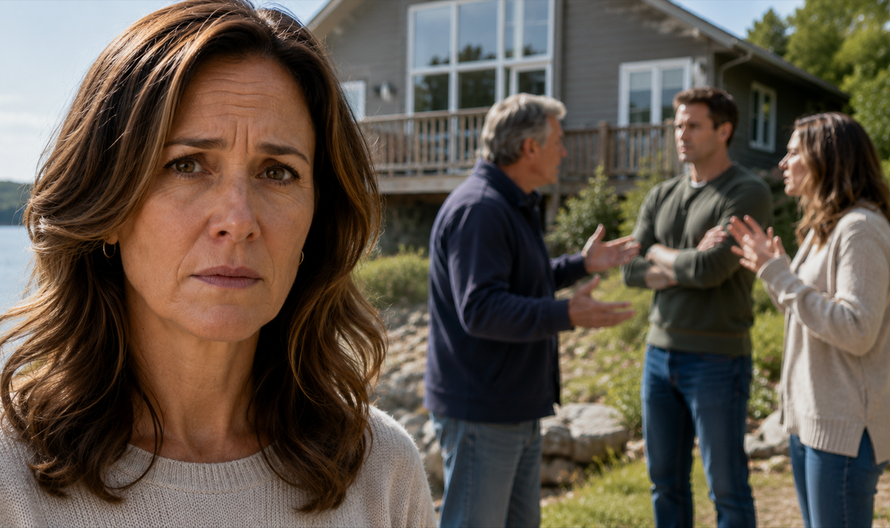 AI-generated image of woman in foreground as family members argue outside vacation home