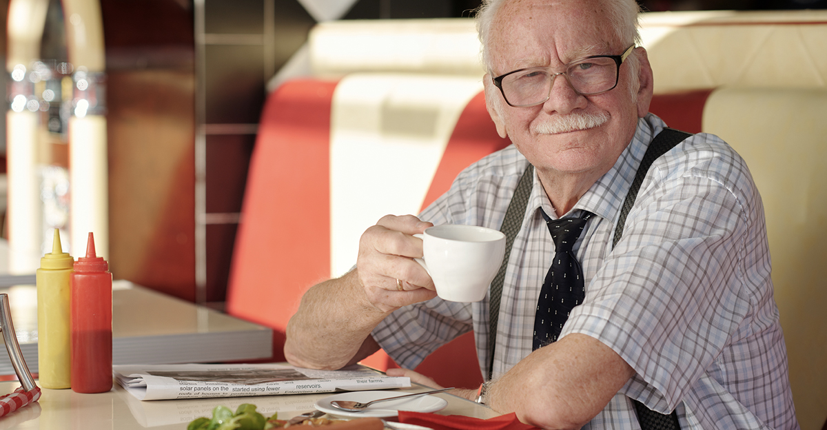 Portrait of elderly man with mustache sitting in diner, smiling while holding coffee cup, with food on table and red, white booth in background