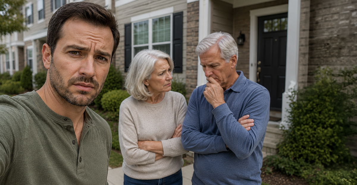 Man standing in front of an older couple at a house