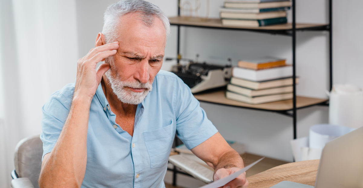 Serious mature man wearing glasses sitting on table home office