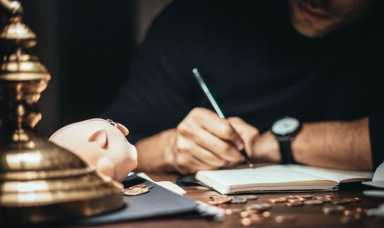 A man writing in a notebook at a desk with a piggy bank and scattered coins, suggesting financial planning
