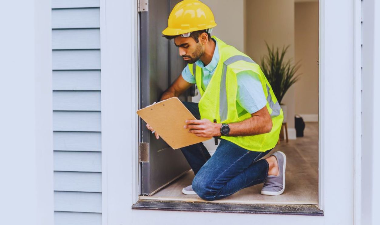 A home inspector wearing safety gear examines a house interior for safety compliance